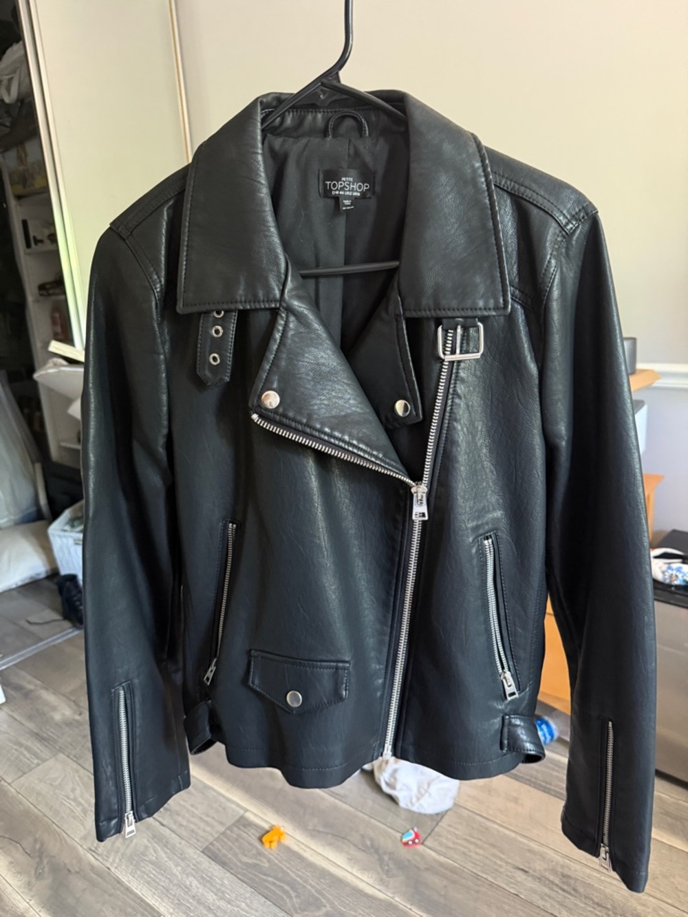 Topshop Black Faux Leather Moto Jacket with Buckle Collar